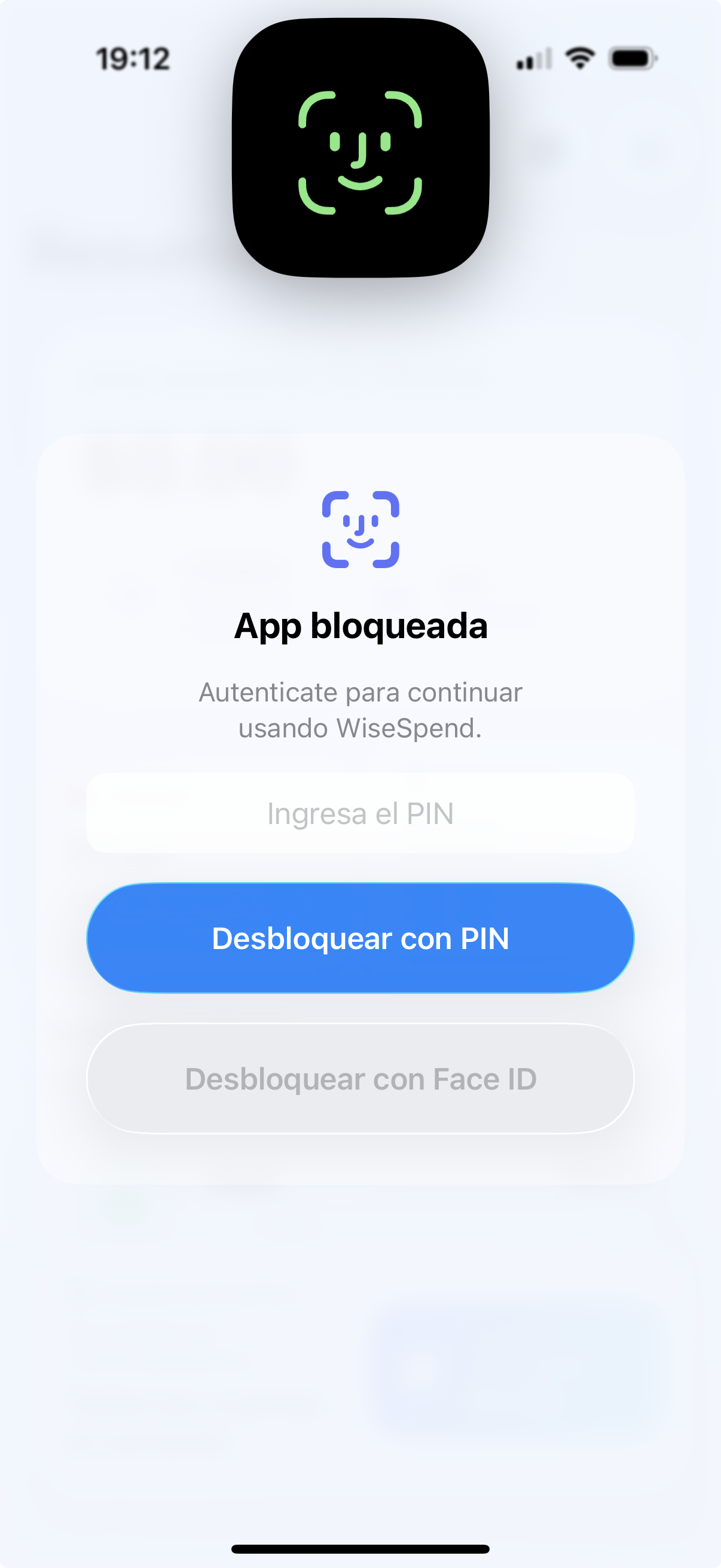 Vista de seguridad con Face ID y PIN en WiseSpend